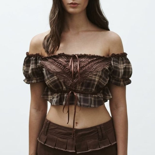 Plaid Lace Panel Crop Top with Puff Sleeves