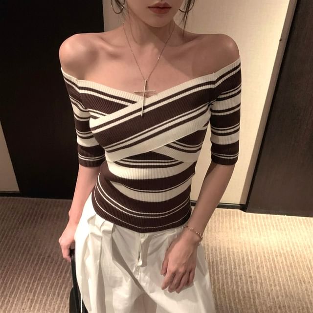 Striped Off-Shoulder Knit Tee with Short Sleeves