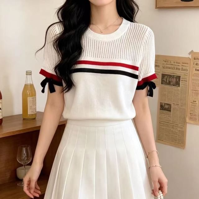 Ribbed Crewneck Knit Top with Short Sleeves