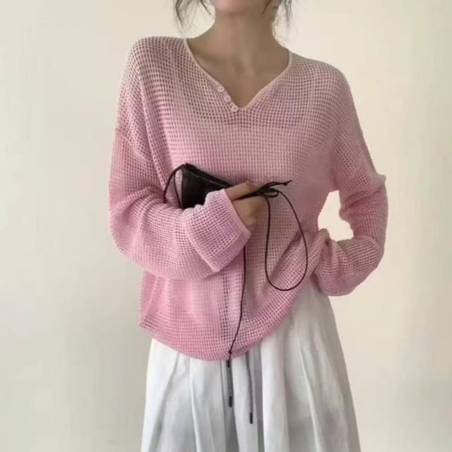 Perforated V-Neck Knit Top with Long Sleeves