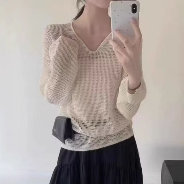 Perforated V-Neck Knit Top with Long Sleeves