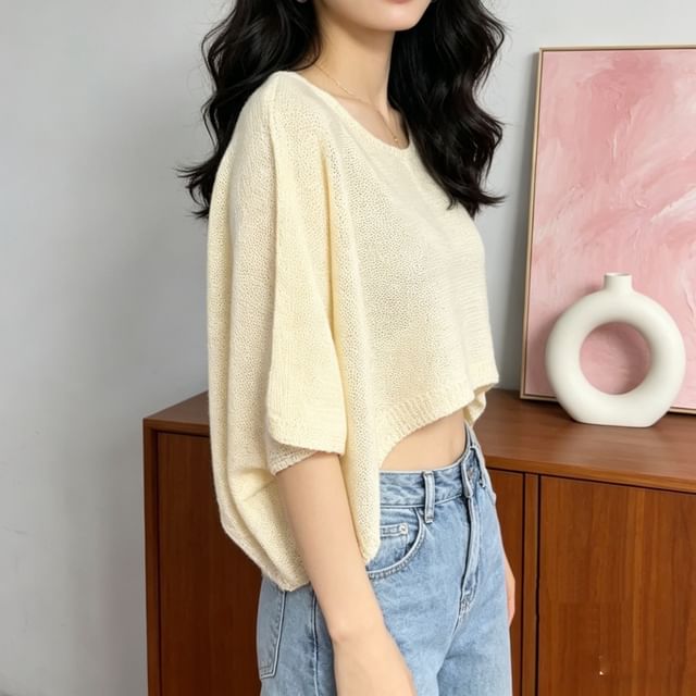 Cropped Boatneck Knit Tee with Three-Quarter Sleeves
