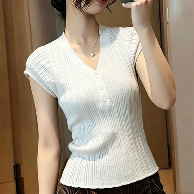 Henley V-Neck Knit Top with Short Sleeves