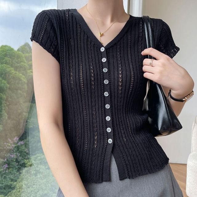 V-Neck Cap Sleeve Eyelet Knit Blouse with Buttons