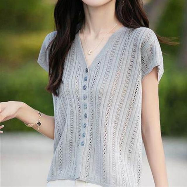 V-Neck Cap Sleeve Eyelet Knit Blouse with Buttons