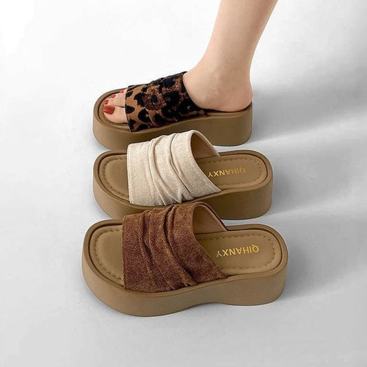 Platform Faux Suede Ruched Slide Sandals