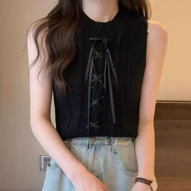Sleeveless Crew Neck Plain Lace Up Cable Knit Crop Top