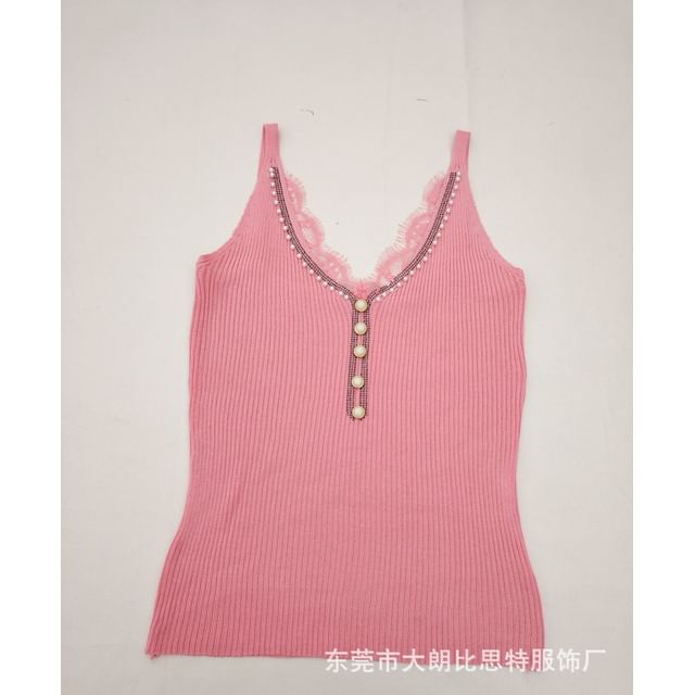 V-Neck Faux Pearl Button Lace Panel Ribbed Knit Camisole Top