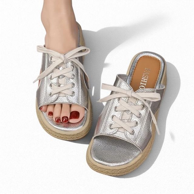 Lace-Up Platform Faux Leather Slide Sandals