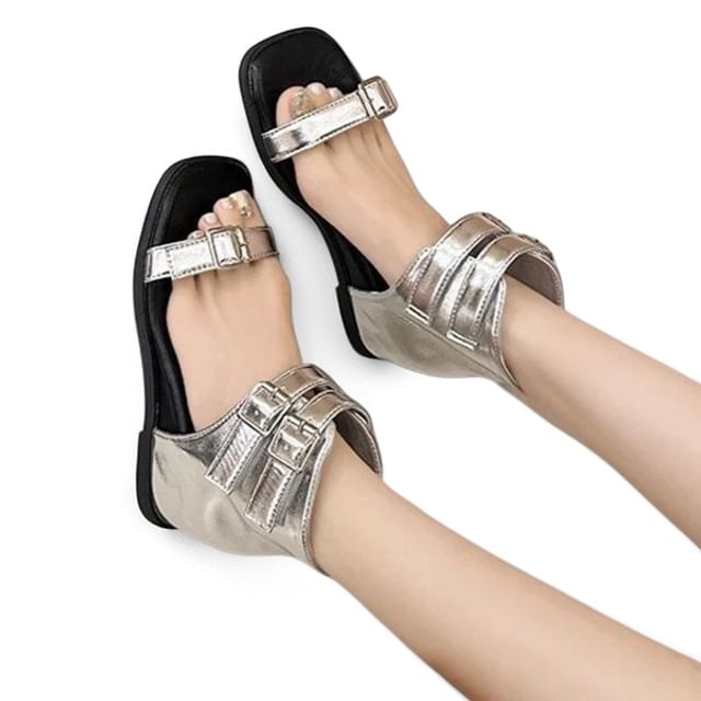 Strappy Buckled Faux Leather Wedge Sandals