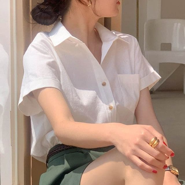 Collared Plain Short Sleeve Shirt