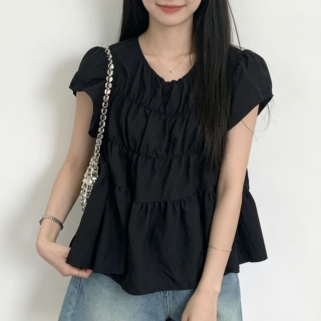 Ruched Tiered Top with Flutter Sleeves