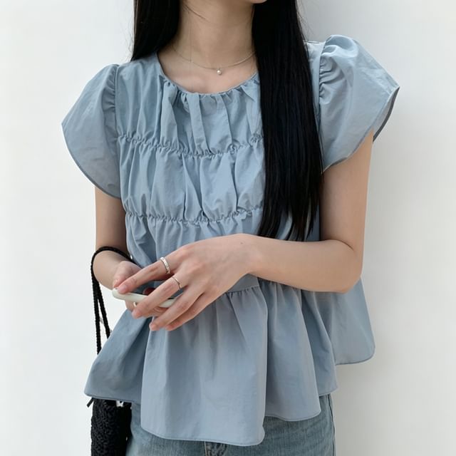 Ruched Tiered Top with Flutter Sleeves