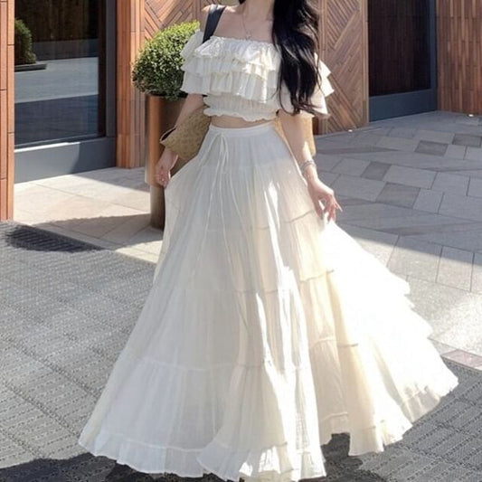 Off-Shoulder Tiered Ruffle Crop Top and High Waist Maxi Skirt Set