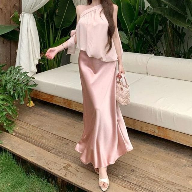 Off-Shoulder Asymmetrical Top with Satin Mini Pencil and Mermaid Skirt Set