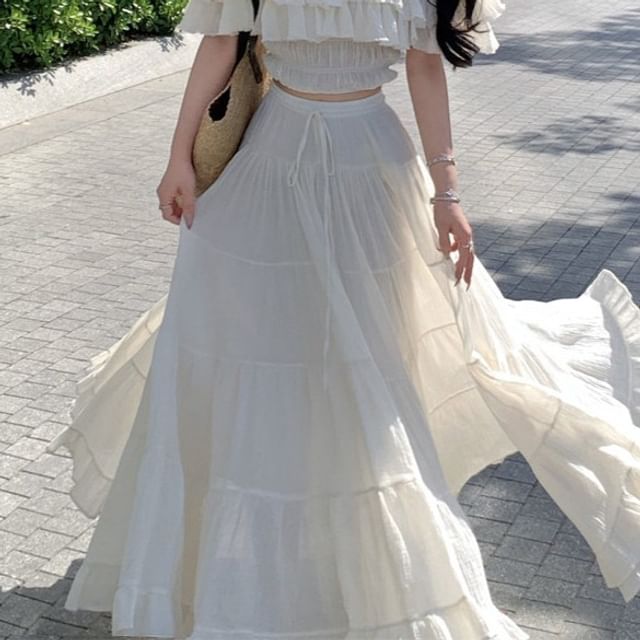Off-Shoulder Tiered Ruffle Crop Top and High Waist Maxi Skirt Set