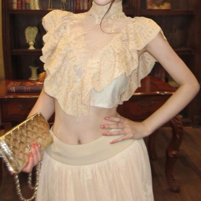 Mock Neck Cap Sleeve Lace Crop Top and Mid Rise Maxi Skirt Set