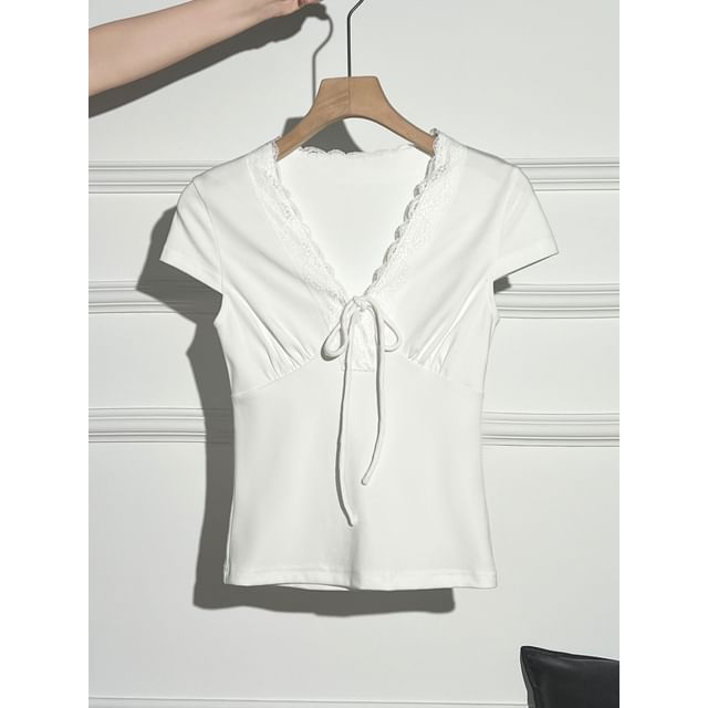 Cap-Sleeve V-Neck Plain Lace Trim T-Shirt