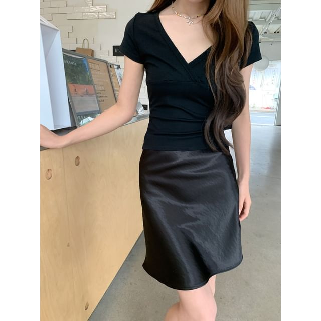 Short Sleeve V-Neck Plain Slim-Fit T-Shirt / High Waist Satin Mini Skirt