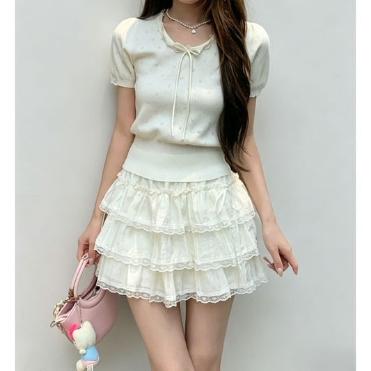 Short Sleeve Plain Slim-Fit Knit Top / High Waist Lace-Trim Mini Tiered Skirt