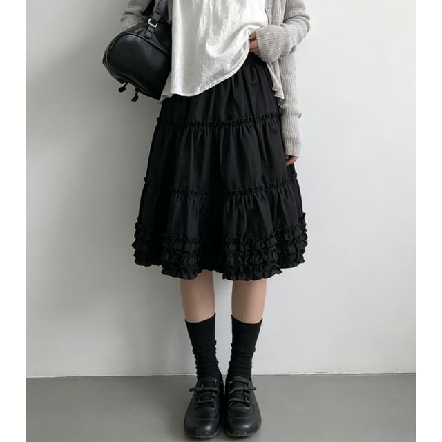 High Waist Plain Ruffled Mini Tiered Skirt