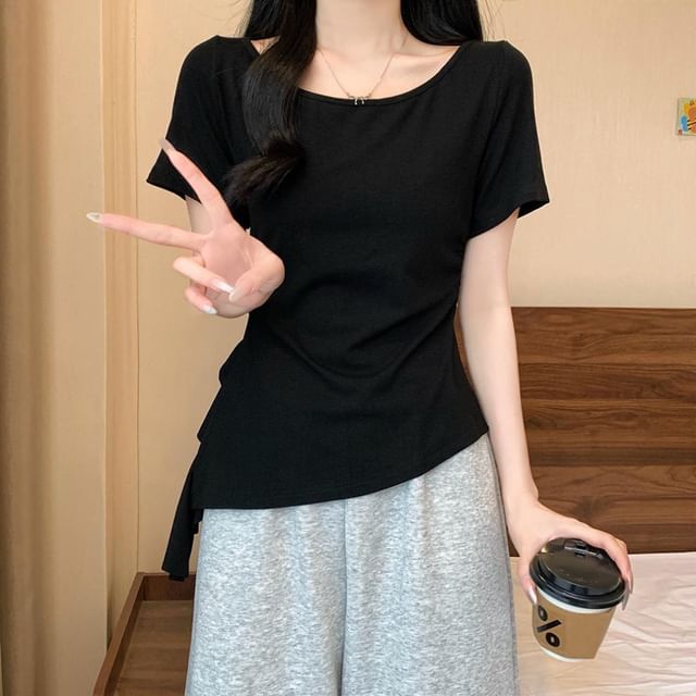 Asymmetrical Ruffle Trim Boat Neck Short Tee