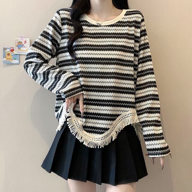 Fringed Striped Crew Neck Long-Sleeve Knit Top
