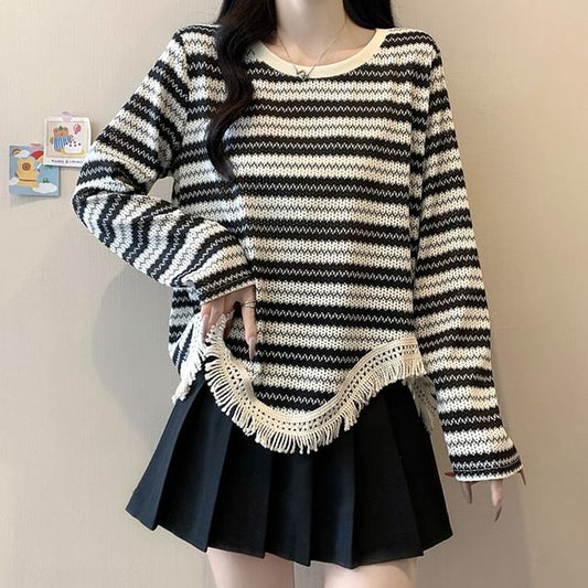 Fringed Striped Crew Neck Long-Sleeve Knit Top