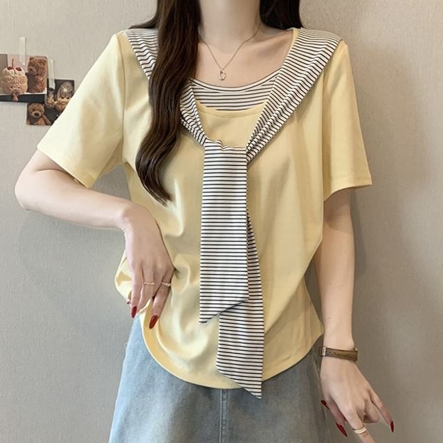 Striped Ruched Two-Piece Scoop Neck Tee