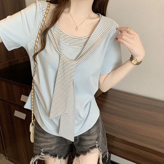Striped Ruched Two-Piece Scoop Neck Tee