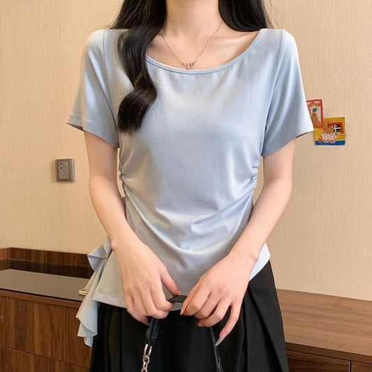 Asymmetrical Ruffle Trim Boat Neck Short Tee