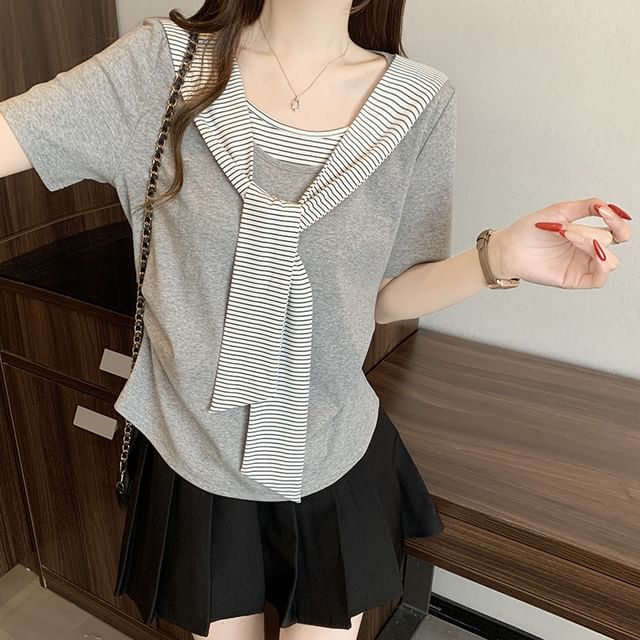 Striped Ruched Two-Piece Scoop Neck Tee
