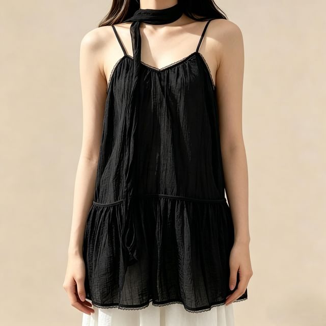 Spaghetti Strap V-Neck Plain Lace Trim Camisole Top
