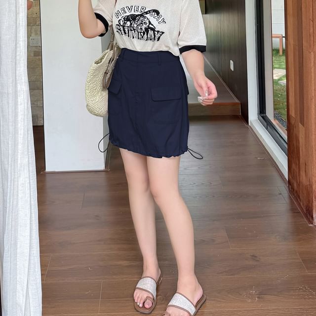 [XL-4XL]High Waist Plain Pocket Detail Mini A-Line Skirt