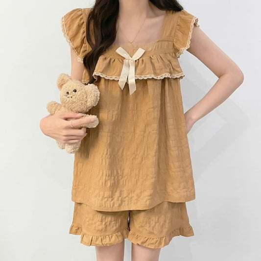 Pajama Set: Cap-Sleeve Square Neck Lace Trim Padded Top + Shorts