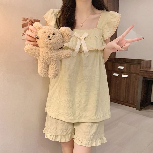 Pajama Set: Cap-Sleeve Square Neck Lace Trim Padded Top + Shorts