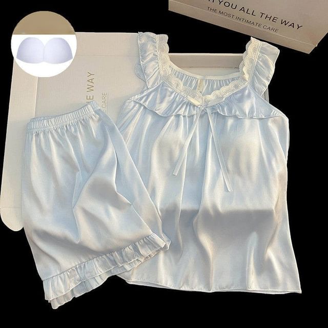 Pajama Set: V-Neck Lace Trim Padded Tank Top + Shorts