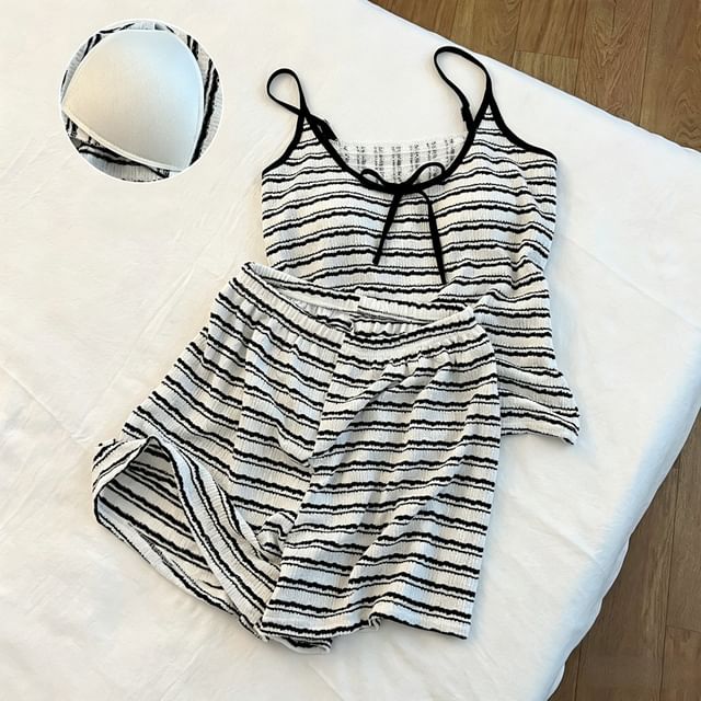 Pajama Set: Scoop Neck Striped Lace Panel Padded Camisole Top + Shorts