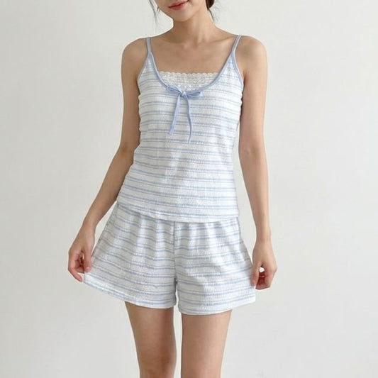 Pajama Set: Scoop Neck Striped Lace Panel Padded Camisole Top + Shorts