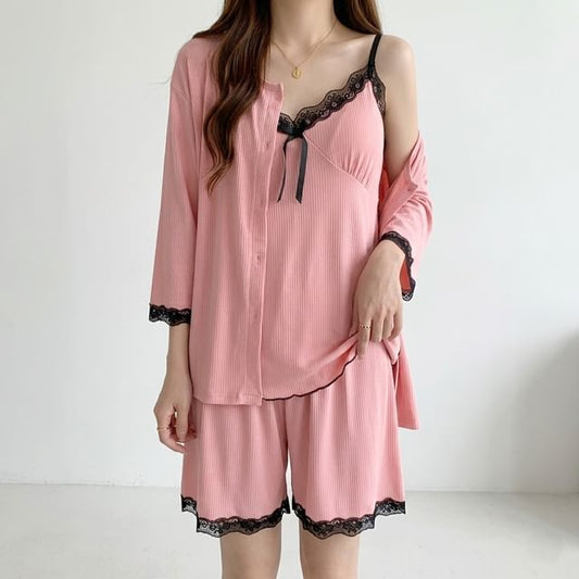 Pajama Set: Elbow-Sleeve Crew Neck Lace Trim Button-Up Jacket + V-Neck Padded Camisole Top + Shorts