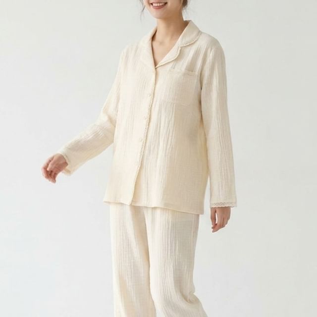Pajama Set: Long-Sleeve Lapel Collar Lace Trim Button-Up Top + Pants