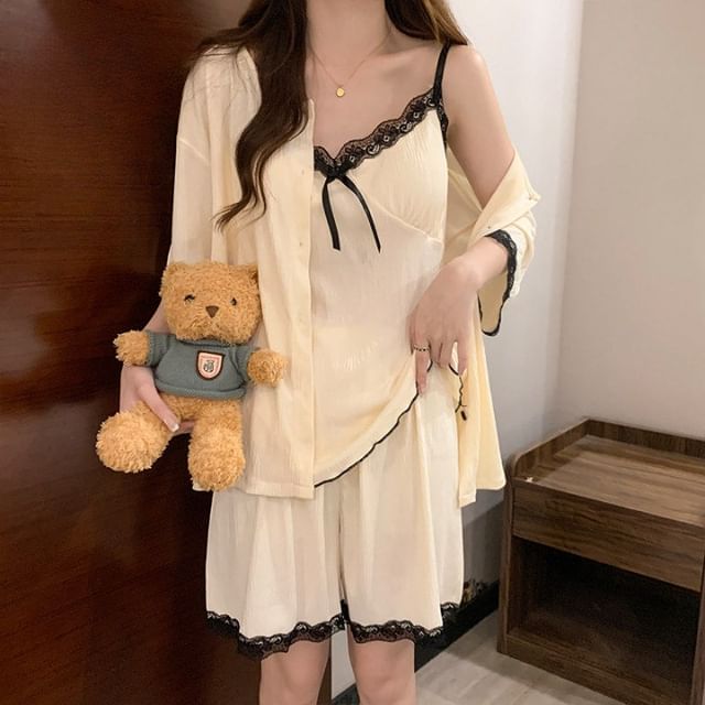 Pajama Set: Elbow-Sleeve Crew Neck Lace Trim Button-Up Jacket + V-Neck Padded Camisole Top + Shorts