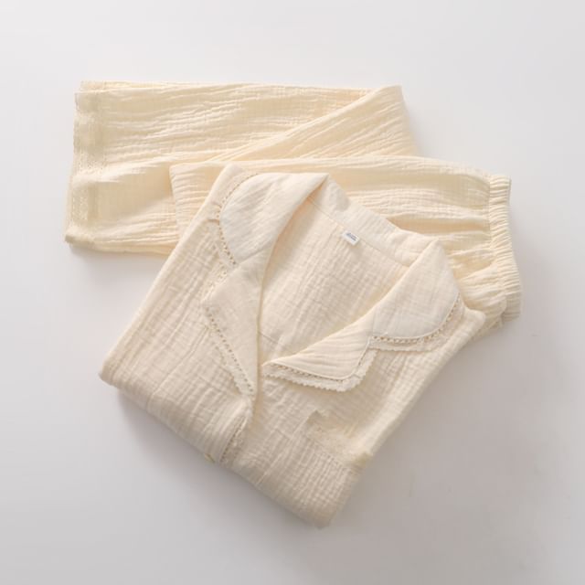 Pajama Set: Long-Sleeve Lapel Collar Lace Trim Button-Up Top + Pants