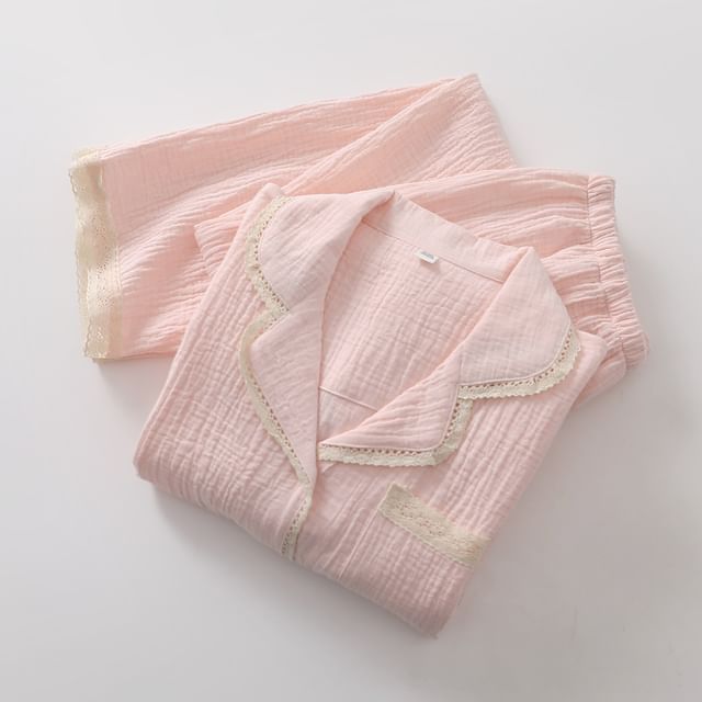 Pajama Set: Long-Sleeve Lapel Collar Lace Trim Button-Up Top + Pants