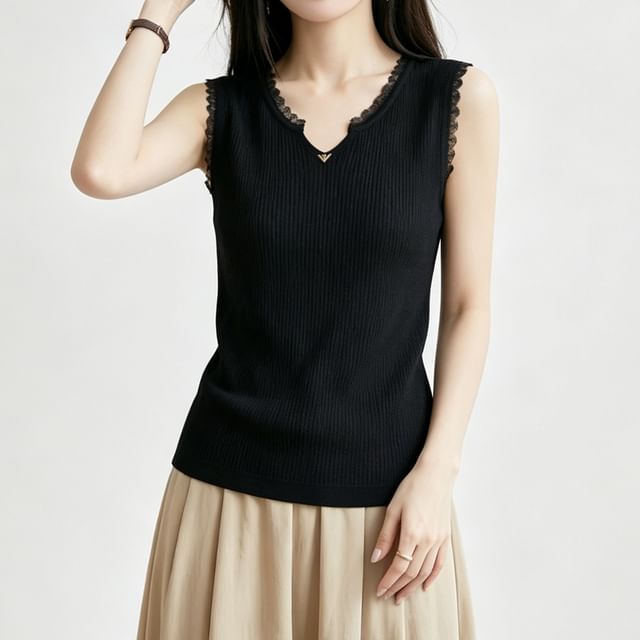 Sleeveless Notch Neck Plain Ribbed Knit Top