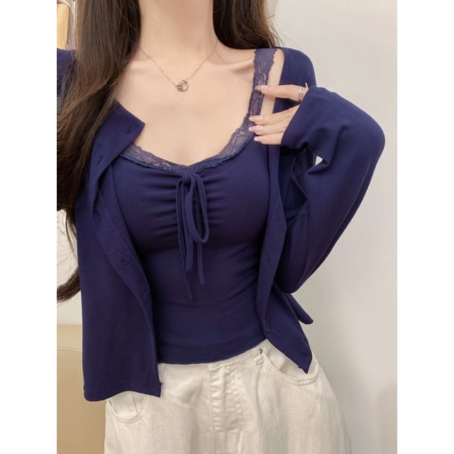 V-Neck Lace Trim Padded Crop Camisole Top / Crew Neck Button-Up Plain Cardigan
