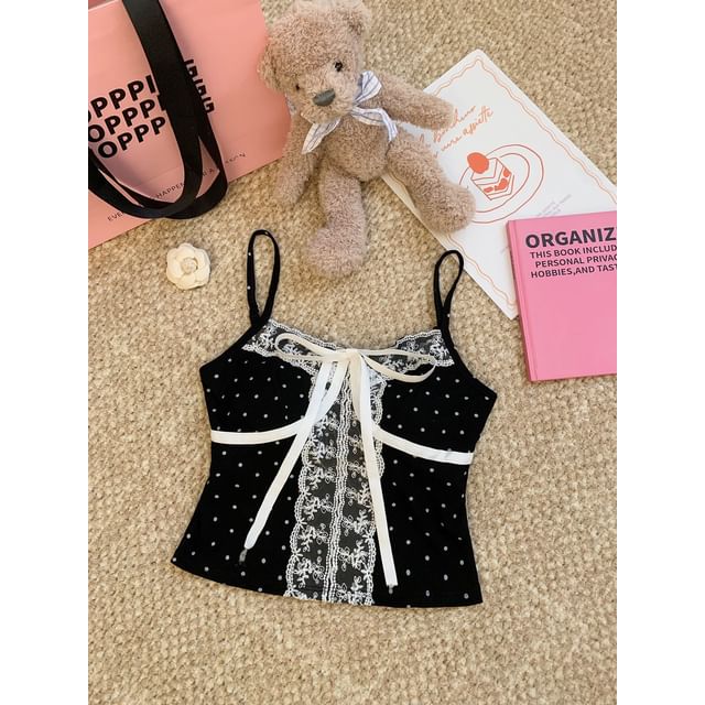 V-Neck Micro Dot Lace Panel Padded Crop Camisole Top
