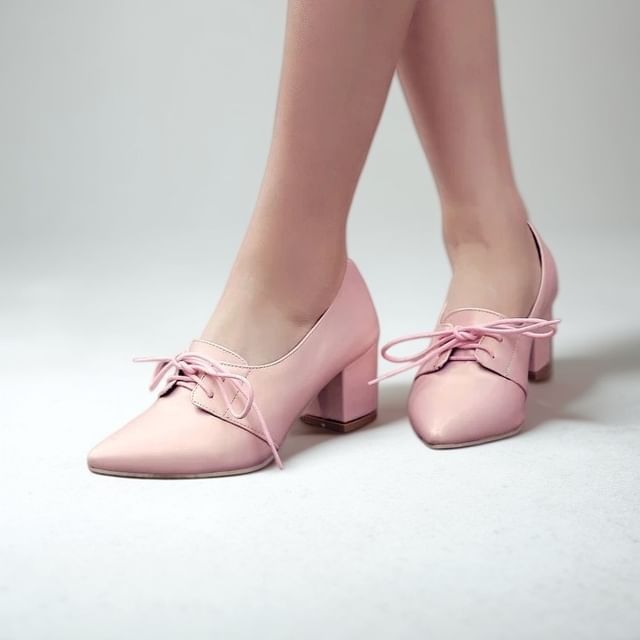 Block Heel Pointed Lace-Up Pumps
