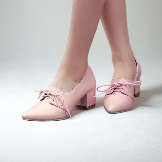 Block Heel Pointed Lace-Up Pumps