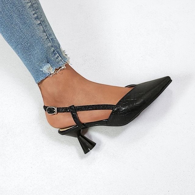 Cone Heel Croc Grain Sling Back Sandals